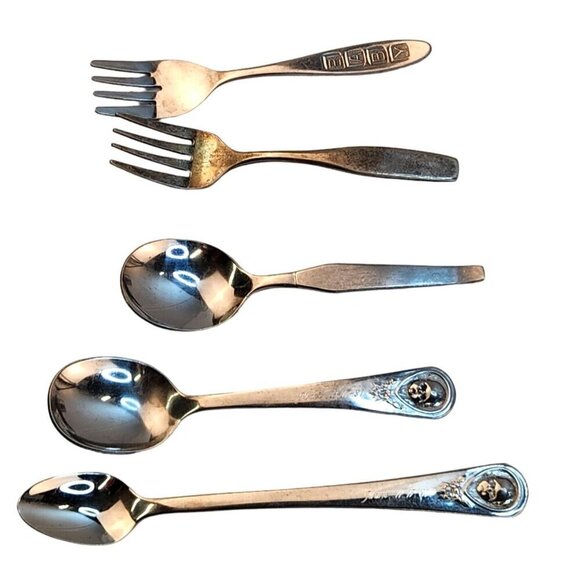 Vintage Baby Utensils Set Of 5 - 3 Teaspoons & 2 Forks - Silver Stainless, 2 Ger - Picture 2 of 13